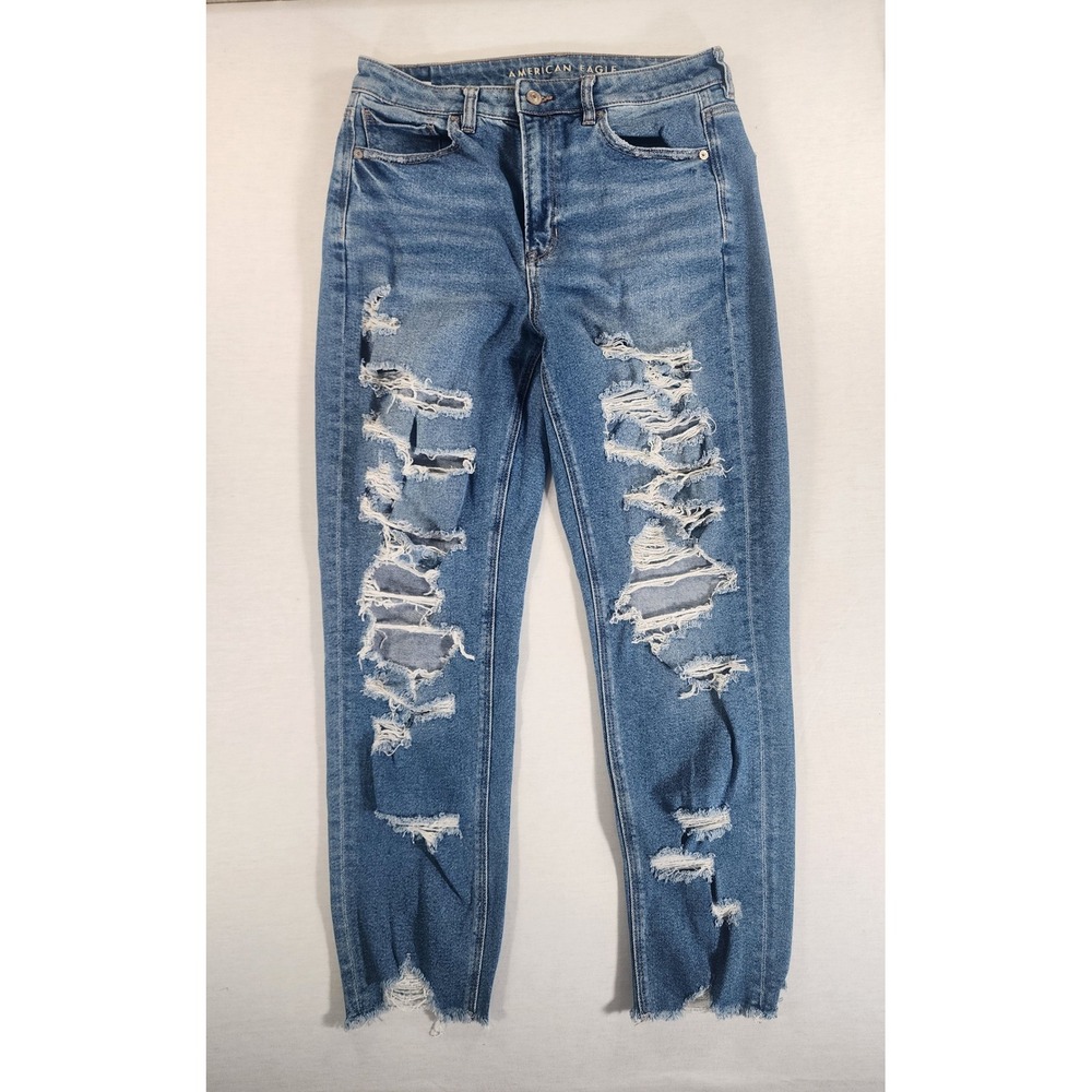 American Eagle Mom Jean Womens 10 Blue Distressed High Rise Stretch Denim Rough